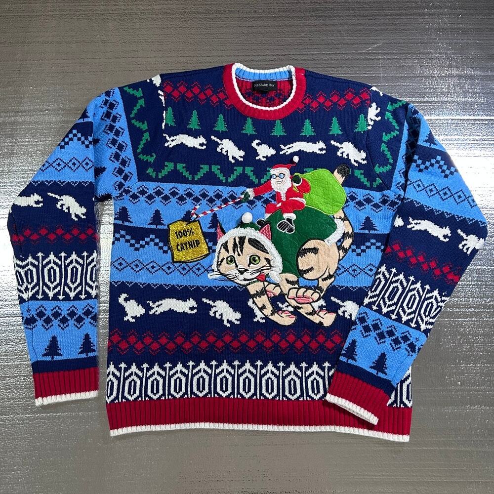 Blizzard Bay Christmas Cat Ugly Sweater Graphic Knit Pullover Men’s XL